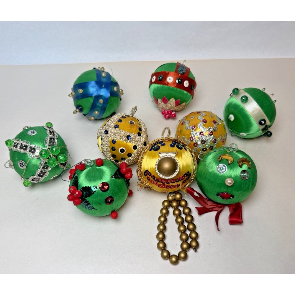 Beaded Sequins Satin Push Pin Christmas Ornaments Lot of 9 Green Handmade 70's